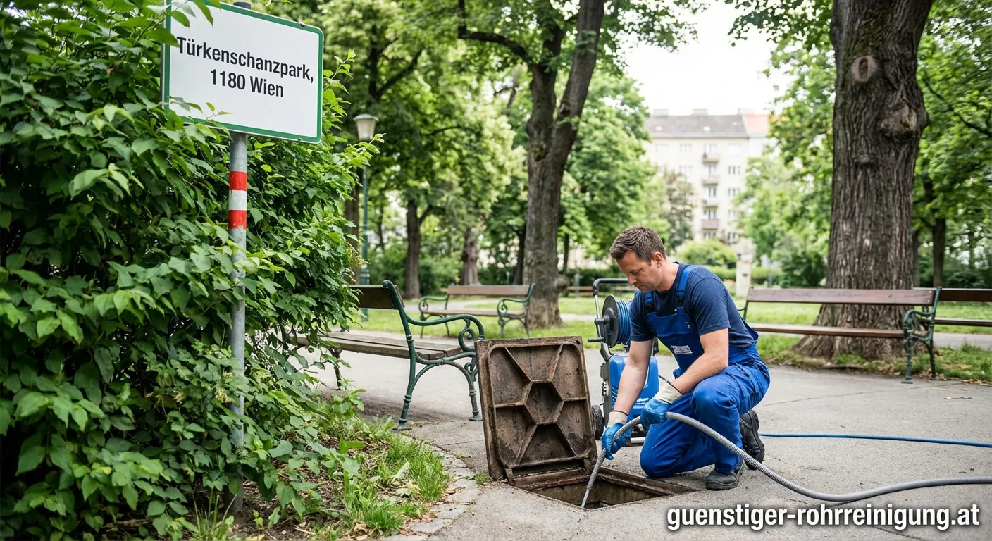 Installateur bei der Abflussreinigung Türkenschanzpark mit Spirale