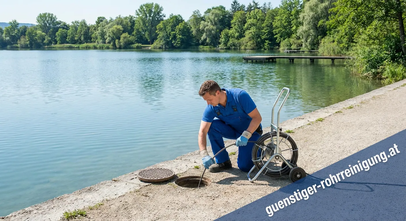 Sanitärinstallateur bei der Abflussreinigung Viehofner See mit Werkzeug