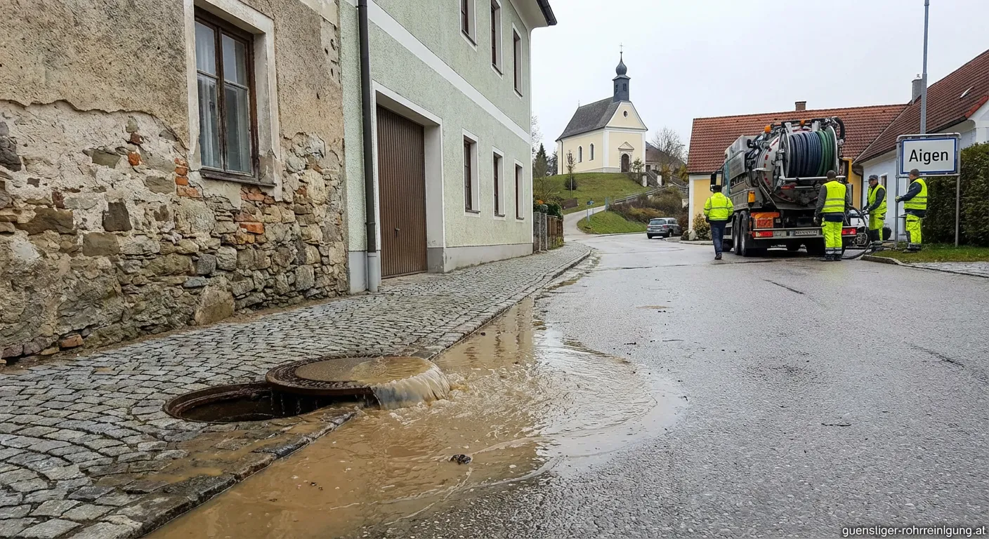 Sanitärinstallateur prüft Abwasserrohr in Aigen bei Verstopfung