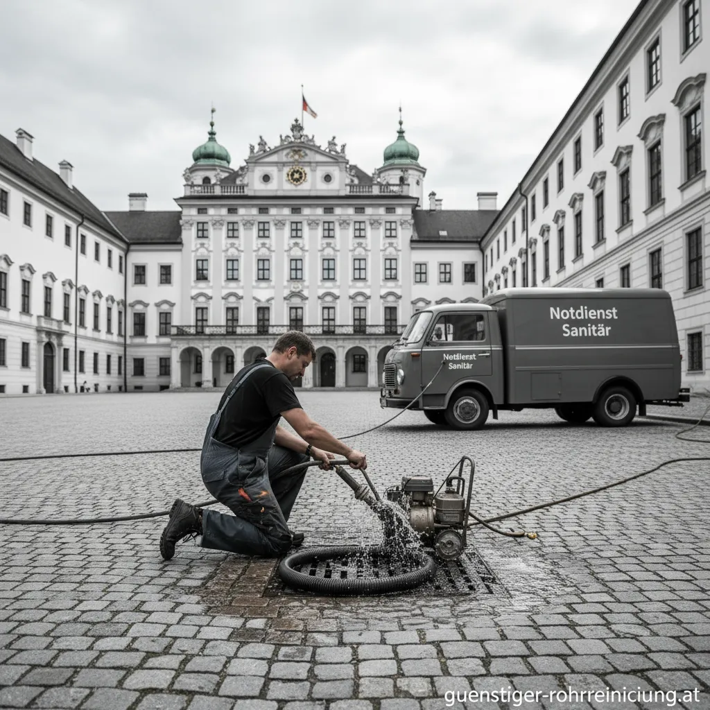 Rohrreinigungsspezialist bei der Arbeit an einer Rohrverstopfung in der Nähe der Hofburg Innsbruck